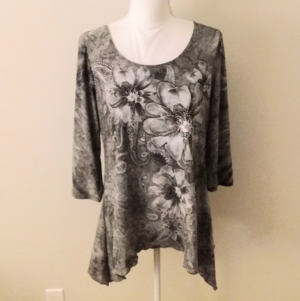 Dress Barn Top Hi-Lo Grey & Black Floral with Rhinestone Accents